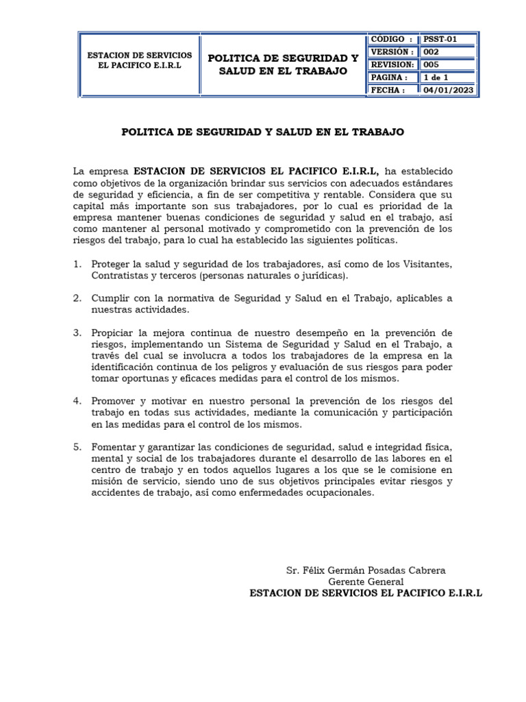 Politica de Seguridad y Salud en El Trabajo - 2023 | PDF | Seguridad y ...