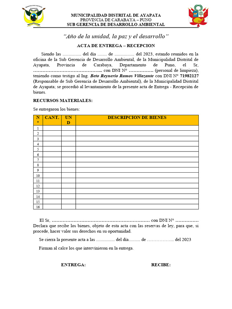 Acta de entrega de epp personal pdf