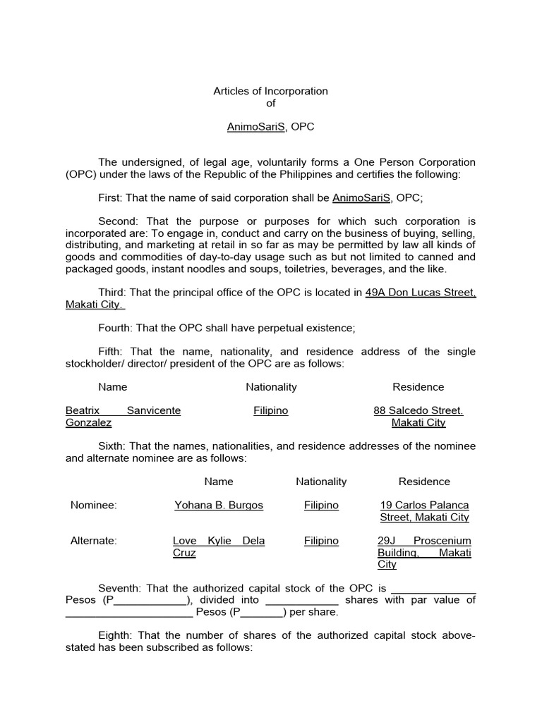 2019 Sample Articles of Incorporation Natural Person PDF Stocks Corporations