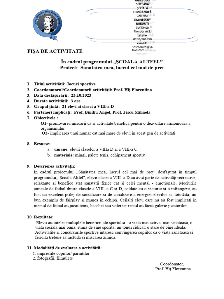 Fisa Activitate Model Scoala Altfel | PDF