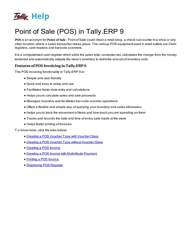 Point of Sale POS in Tally - ERP 9 | PDF