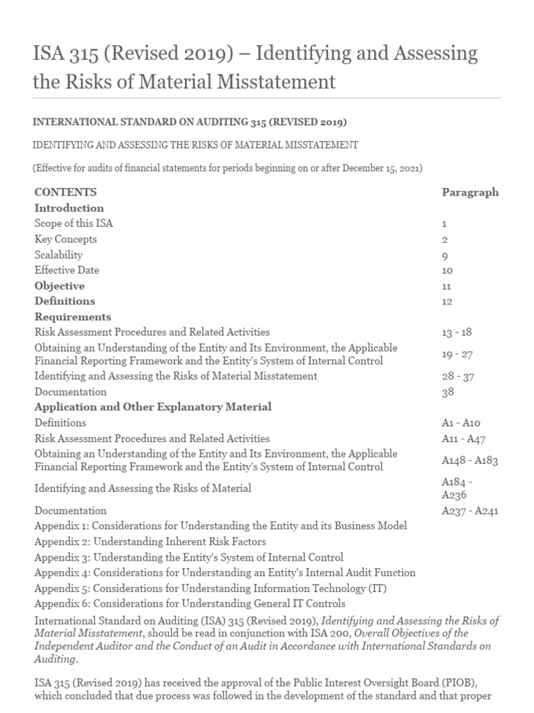 ISA 315: Risk of Material Misstatement | PDF | Financial Audit ...