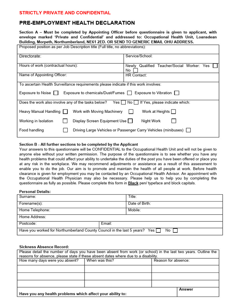 Pre Employment Questionnaire Mar 2016 PDF Occupational Safety And