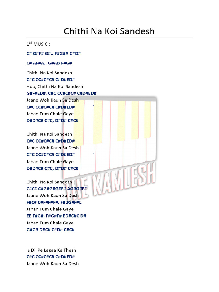 Chithi Na Koi Sandesh (Piano Notes + Rhythm) PDF