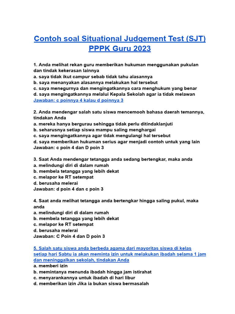 Contoh soal situational judgement test sjt pppk guru 2023 pdf