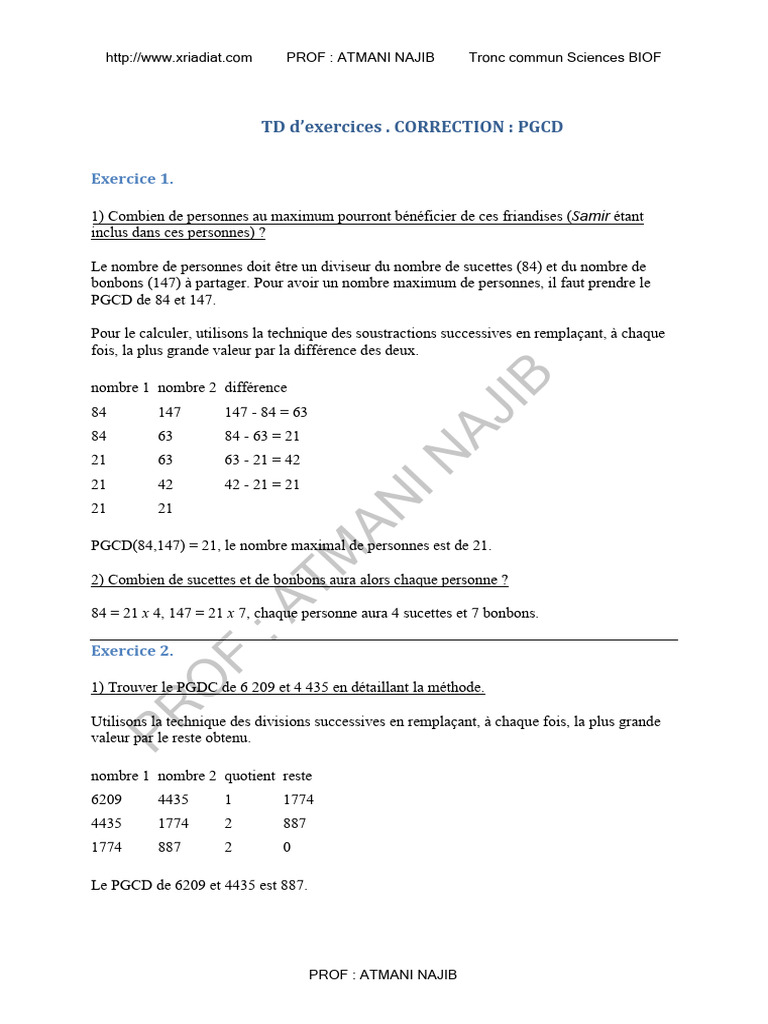 Exercices sur le PGCD et méthodes | PDF | Multiplication ...