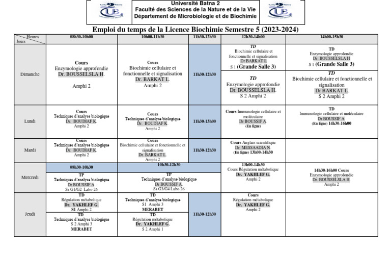 Emploi du temps Licence Biochimie S5 2023-2024 | PDF | Chimie | La nature