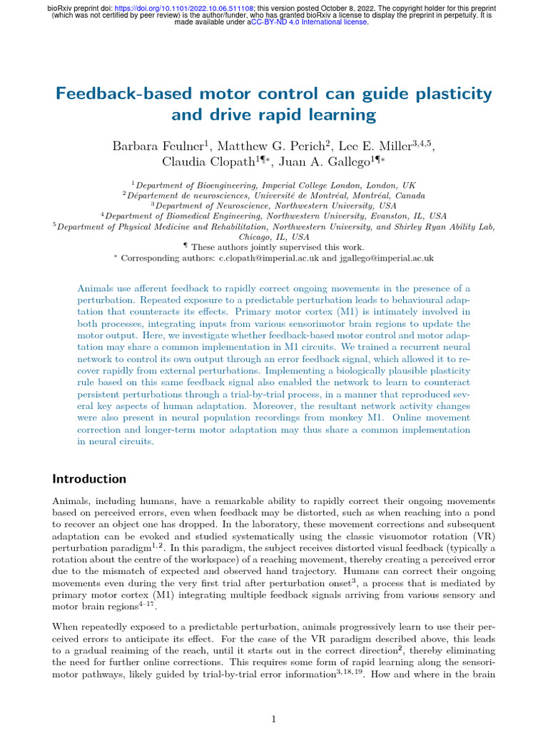 FeedbackBased Motor Control Can Guide Plasticity and Drive Rapid