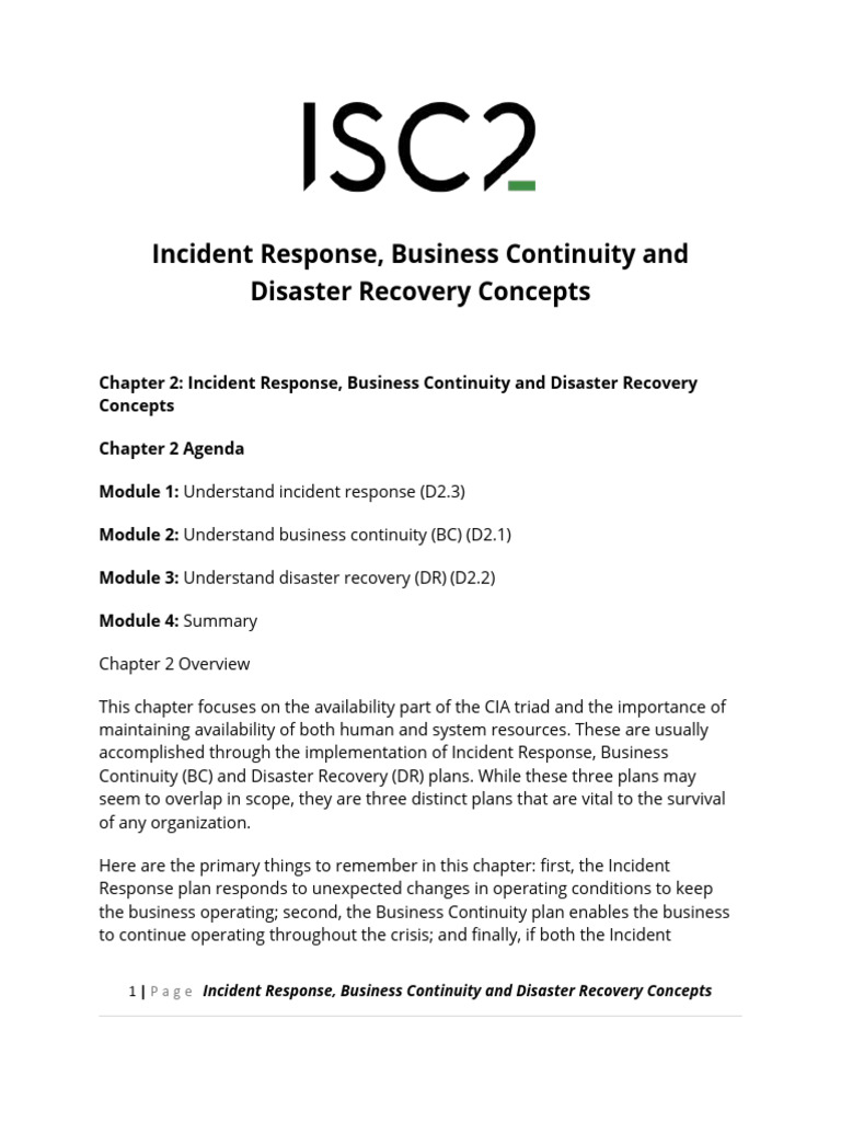 ISC2 2 Incident Response, Business Continuity and Disaster Recovery