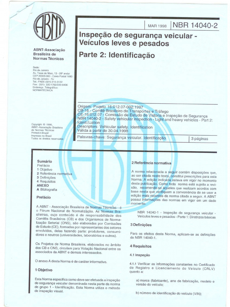 Normas NBR 14040 02 1998 Insp Seg Veicular Identificacao | PDF