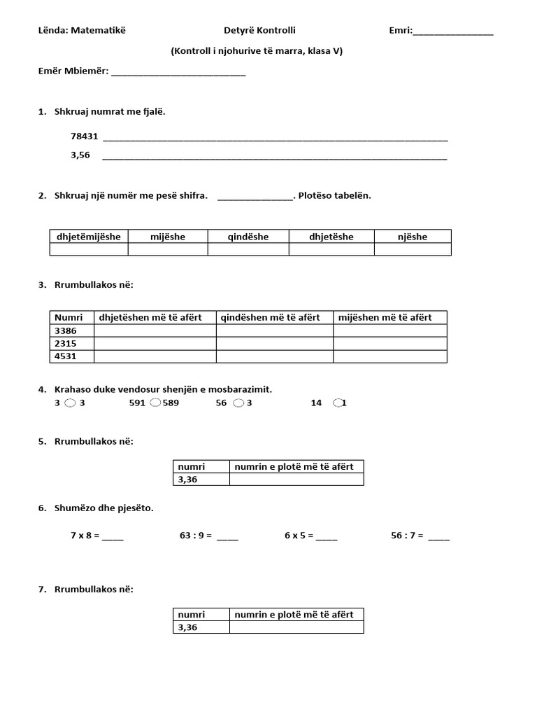 Matematika 5 - Teste Me Bluprint + Të Ndërmjetme 2023-2024 | PDF