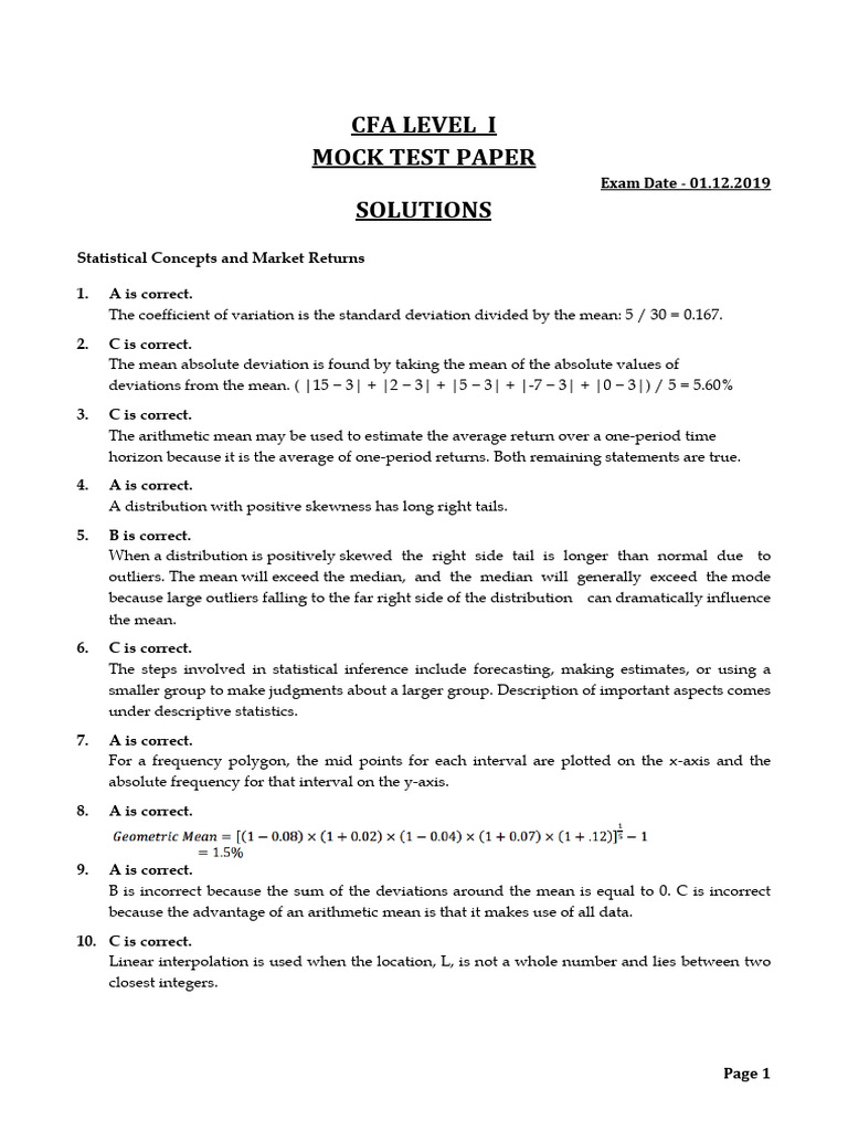 CFA Level I Mock Test Solutions 2024 | PDF | Mean | Normal Distribution