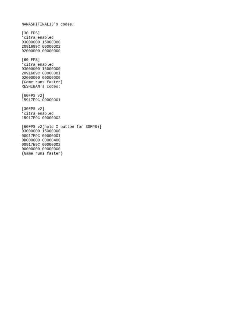 3DS 60FPS Cheat Codes Guide | PDF