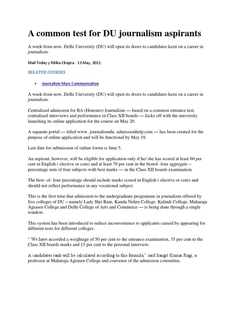 A Common Test For DU Journalism Aspirants Mail Today y Ritika Chopra