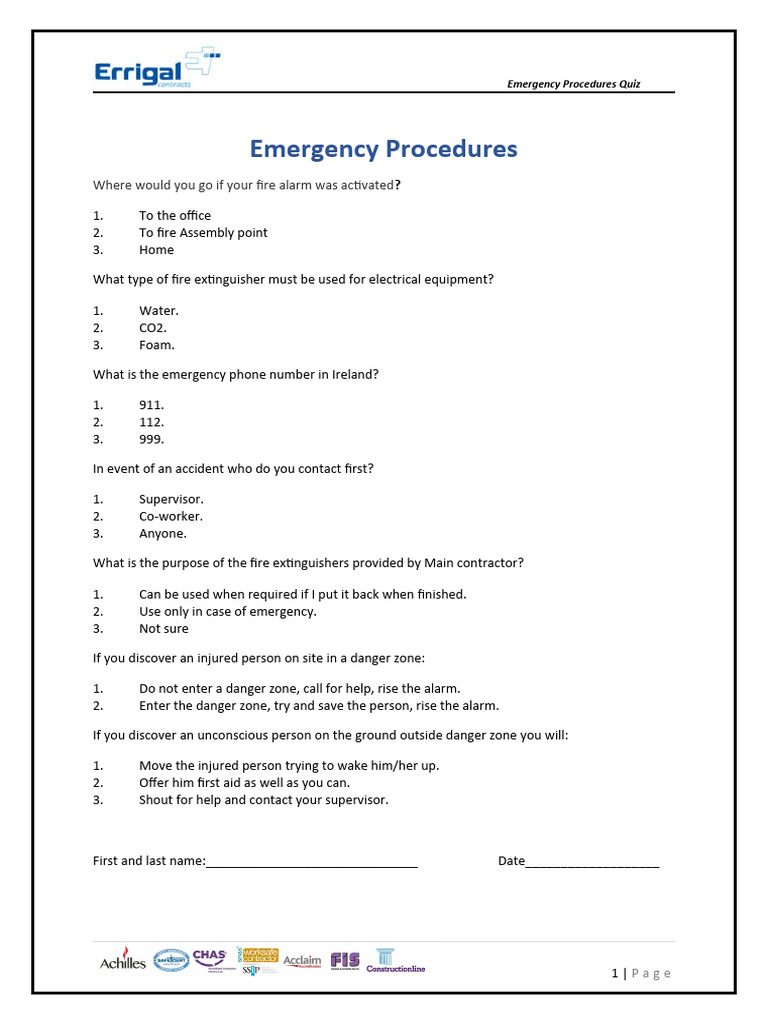 Emergency Procedures Quiz English PDF