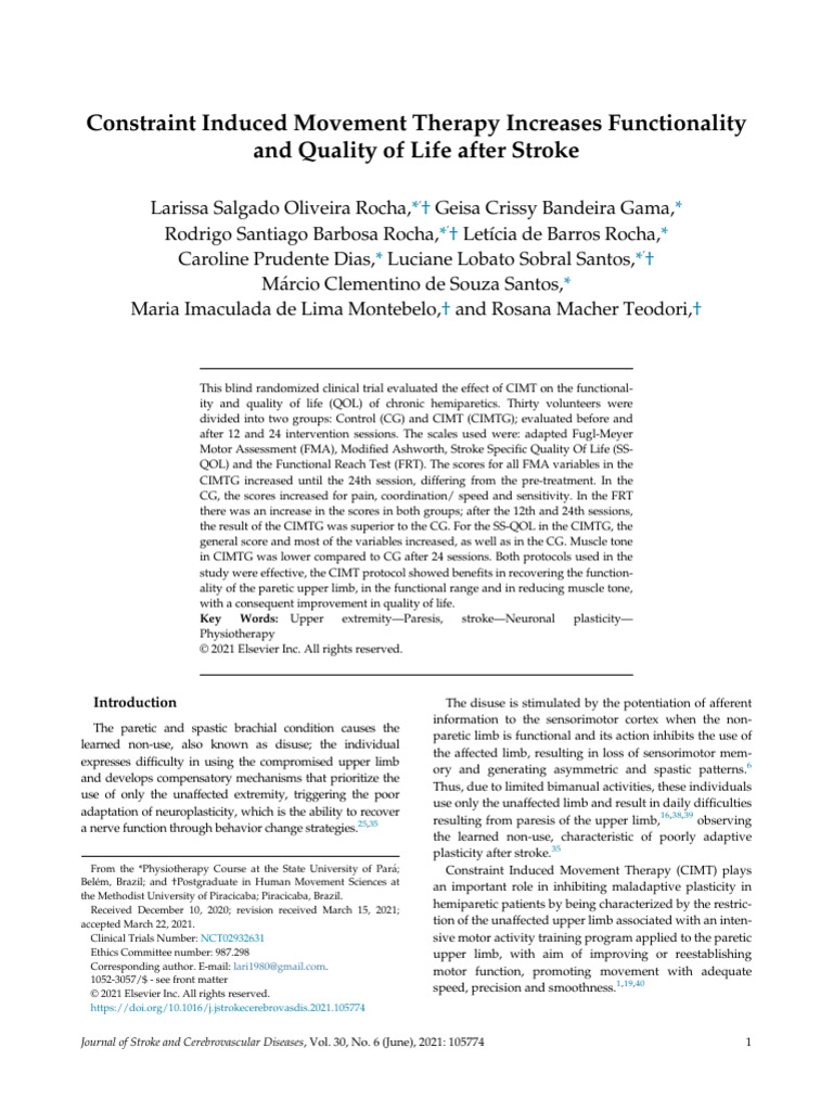 Constraint Induced Movement Therapy Increases Functionality and Quality