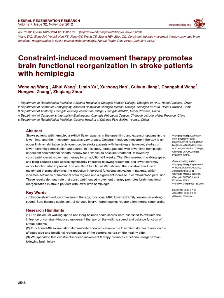 ConstraintInduced Movement Therapy Promotes Brain Functional