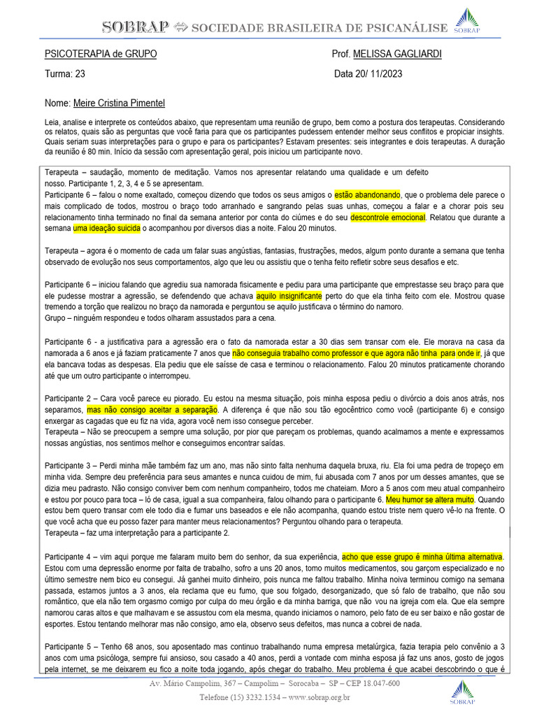 AVALIAÇÃO - MODULO 18 - TERAPIA de GRUPO | PDF | Transtorno de ...