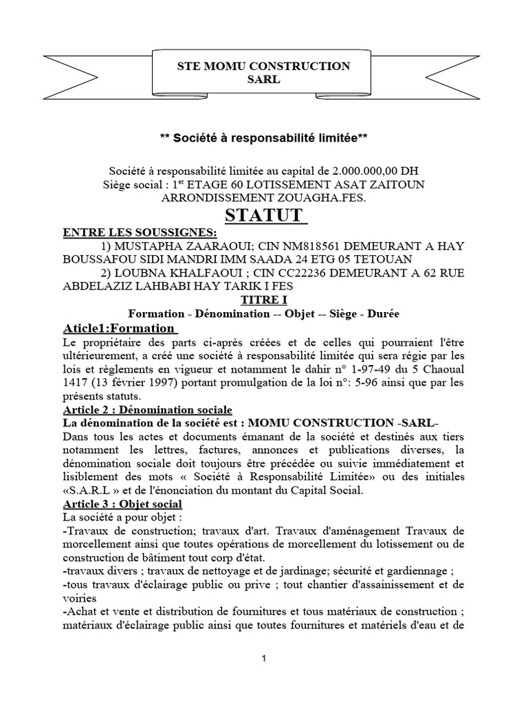 Statuts de MOMU CONSTRUCTION SARL | PDF | Business | Secteur privé