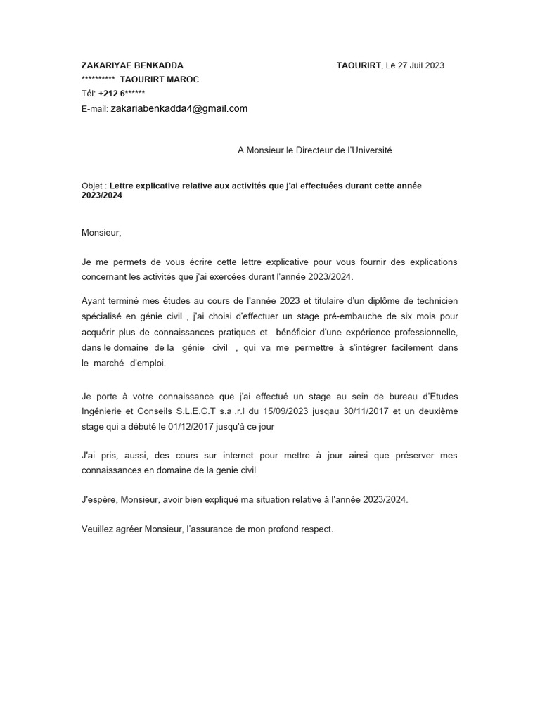 Lettre explicative sur mes activités 2023/2024 | PDF