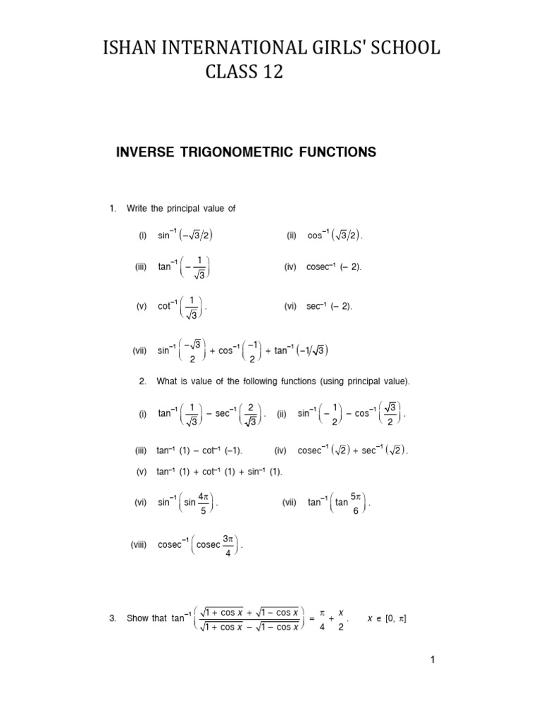 Inverse Trigonometry Questions PDF Trigonometric Functions Geometry