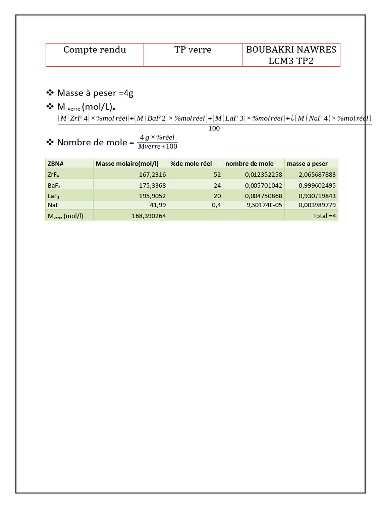 Calculs de masse et moles pour TP verre | PDF