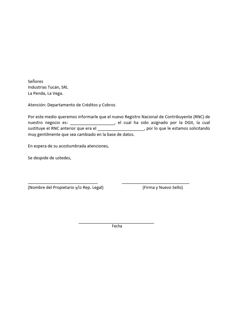 Carta modelo para clientes cambio de rnc pdf
