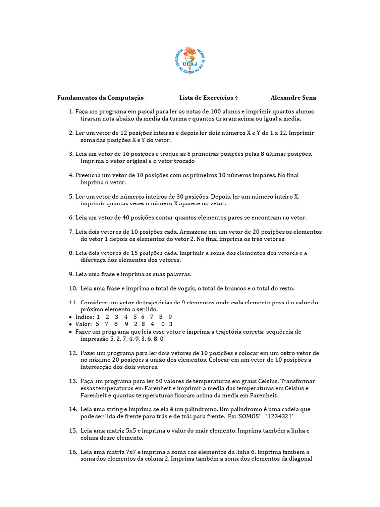 Exercícios de Programação em Pascal | PDF | Matriz (Matemática) | Vetor ...