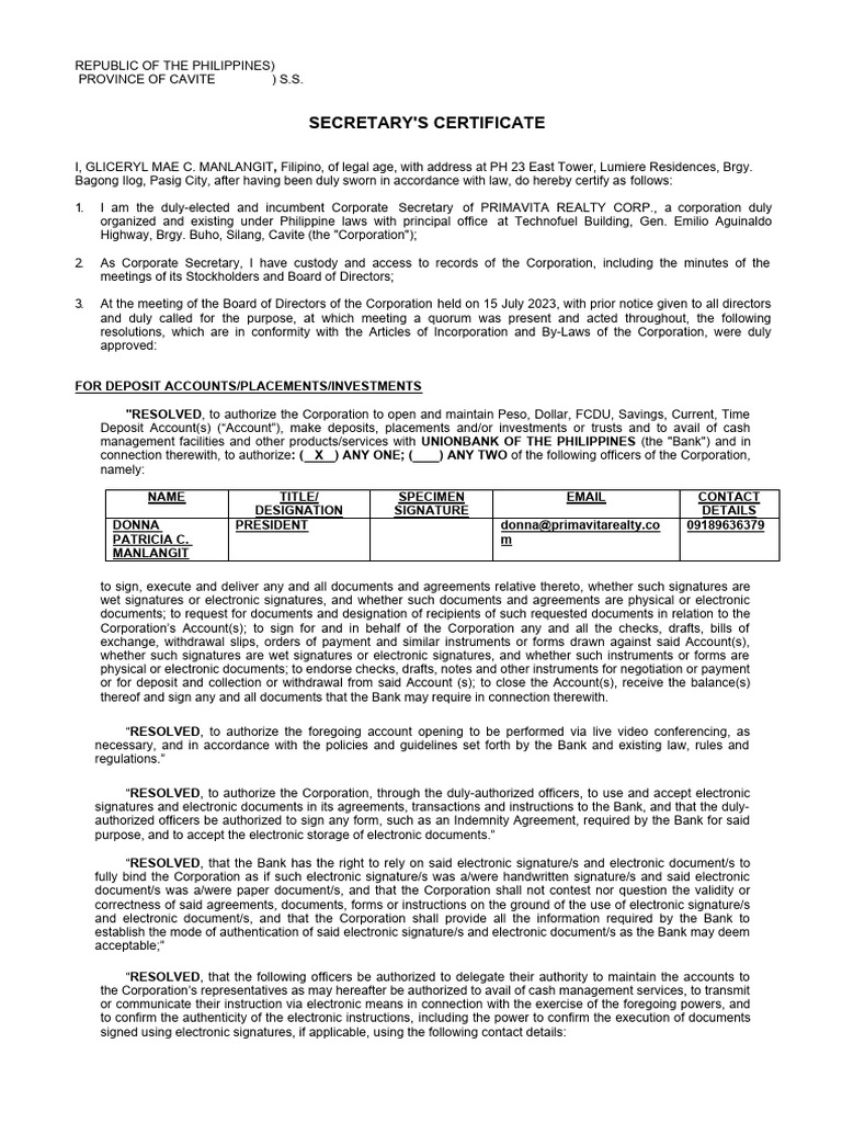 Secretary's Certificate Unionbank PDF Banks Cheque