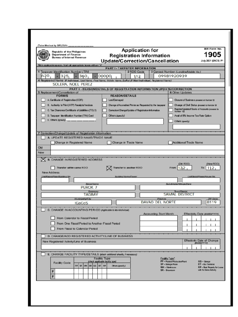 Bir form no 1905 pdf