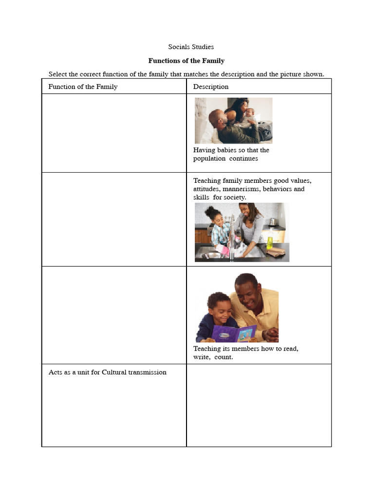 Functions Of The Family Worksheet PDF