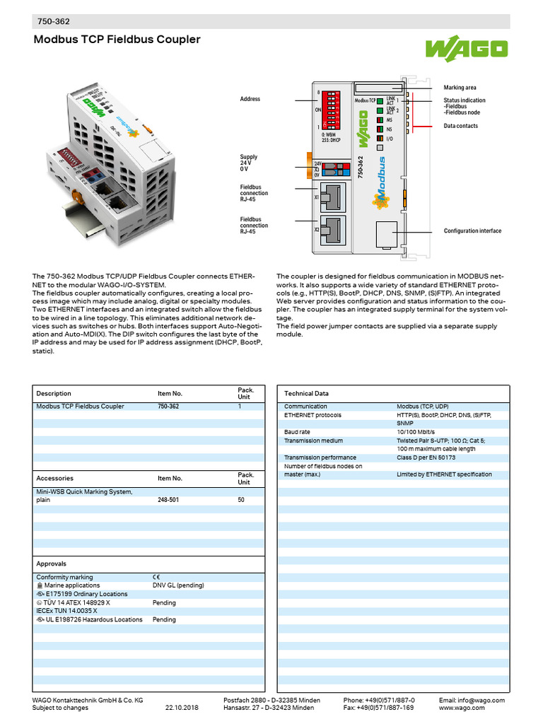 WAGO Modbus Coupler DataSheet | PDF | Transmission Control Protocol ...