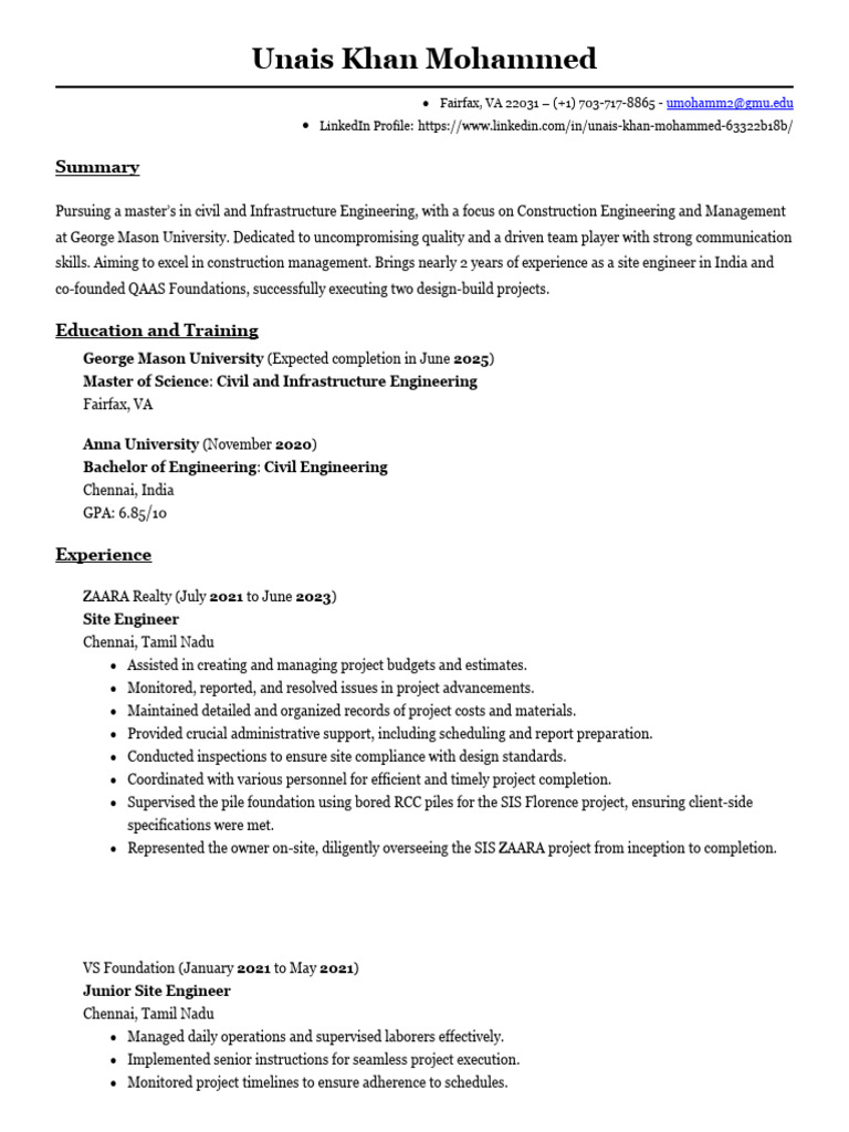 Matriculation Unais Resume Gmu Word PDF General Contractor Business