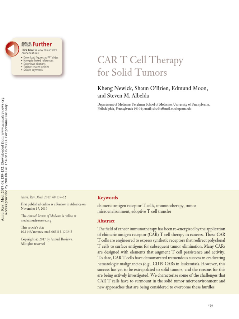 CAR T Cell Therapy For Solid Tumor | PDF | Antigen | T Cell