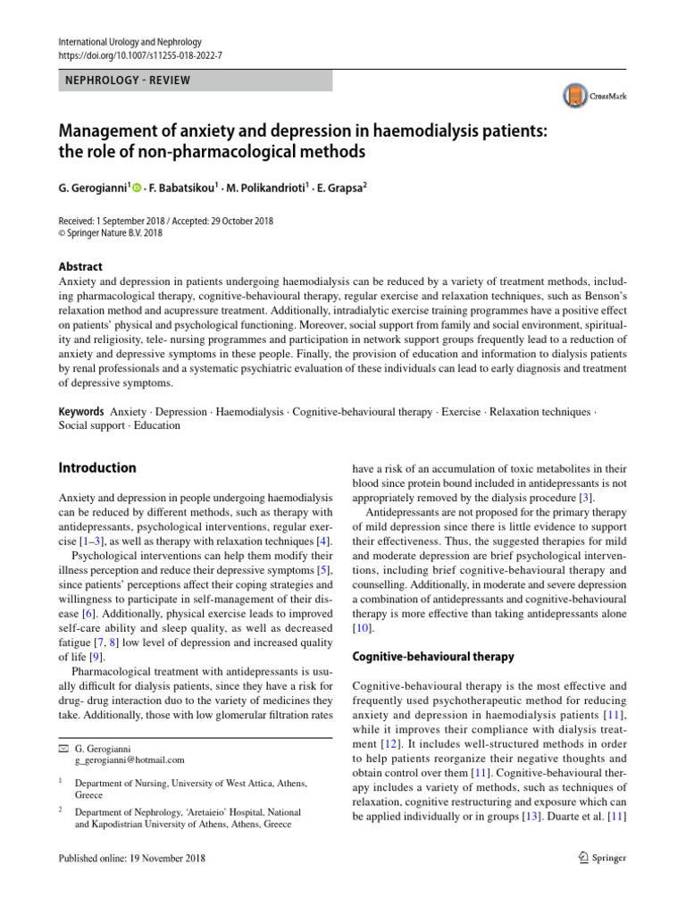 Managing Anxiety and Depression in Dialysis | PDF | Hemodialysis ...