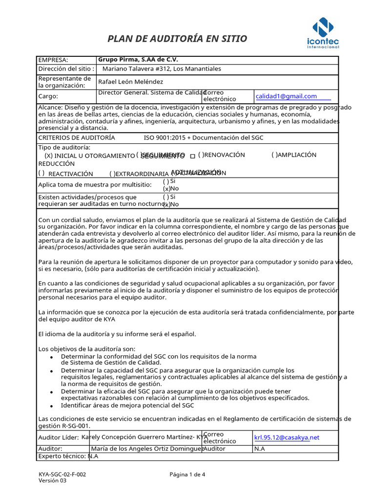 Ejemplo de Programa de Auditoría ISO 9001 | PDF | Auditoría | Contralor