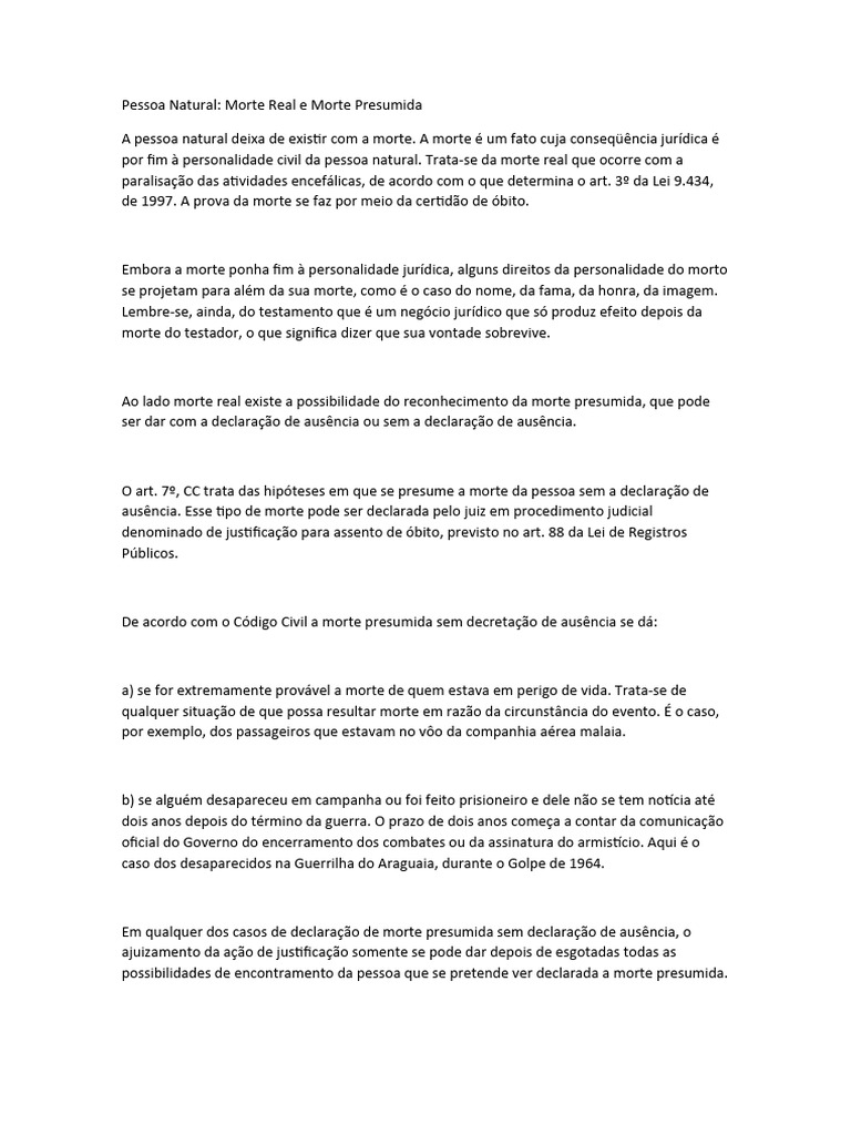 Morte Real e Presumida no Direito Civil | PDF | Morte | Testamento