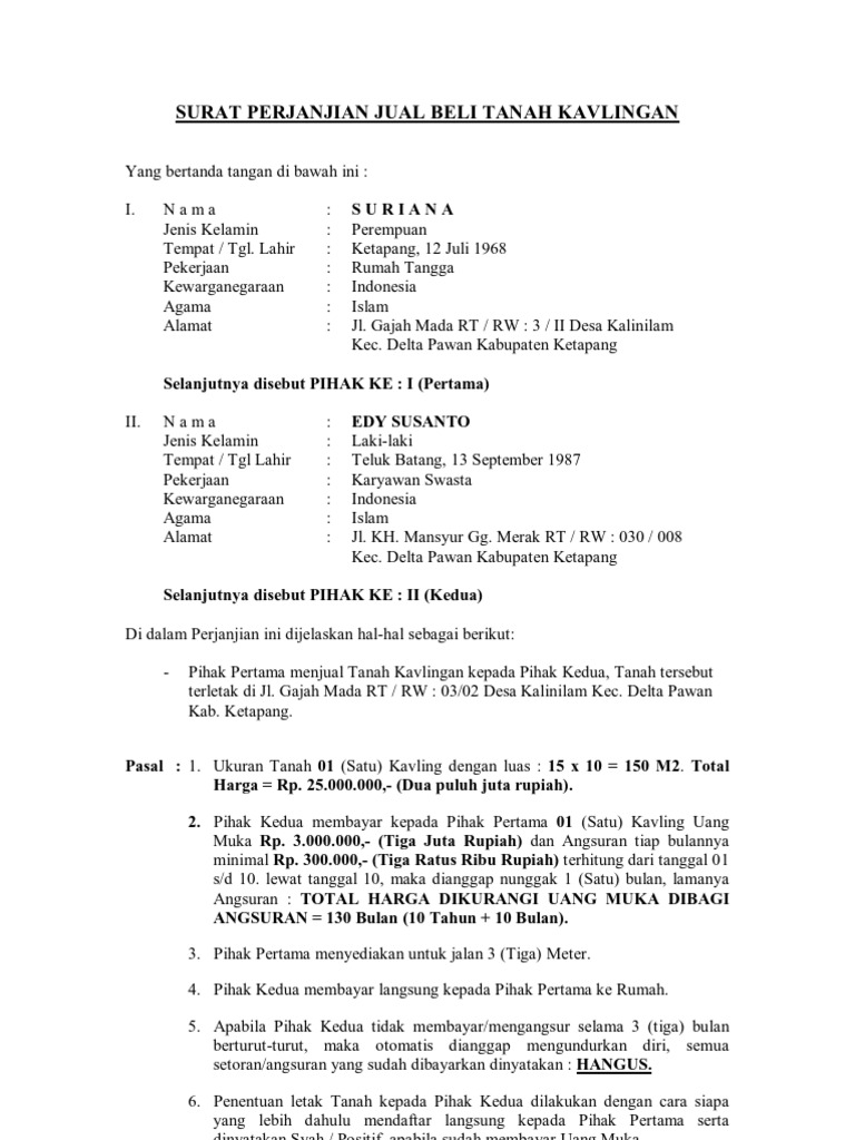 Surat Perjanjian Jual Beli Tanah Kavlingan | PDF