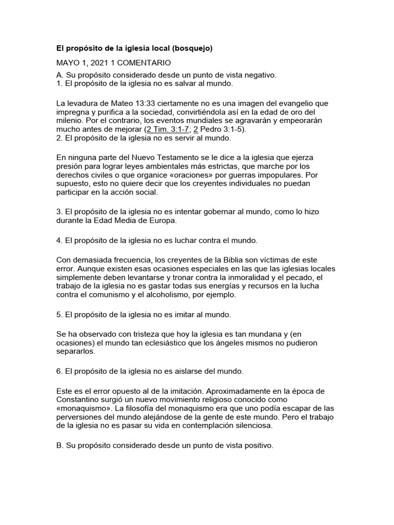 Propósito de la Iglesia Local: Enfoques | PDF | Iglesia cristiana | Biblia