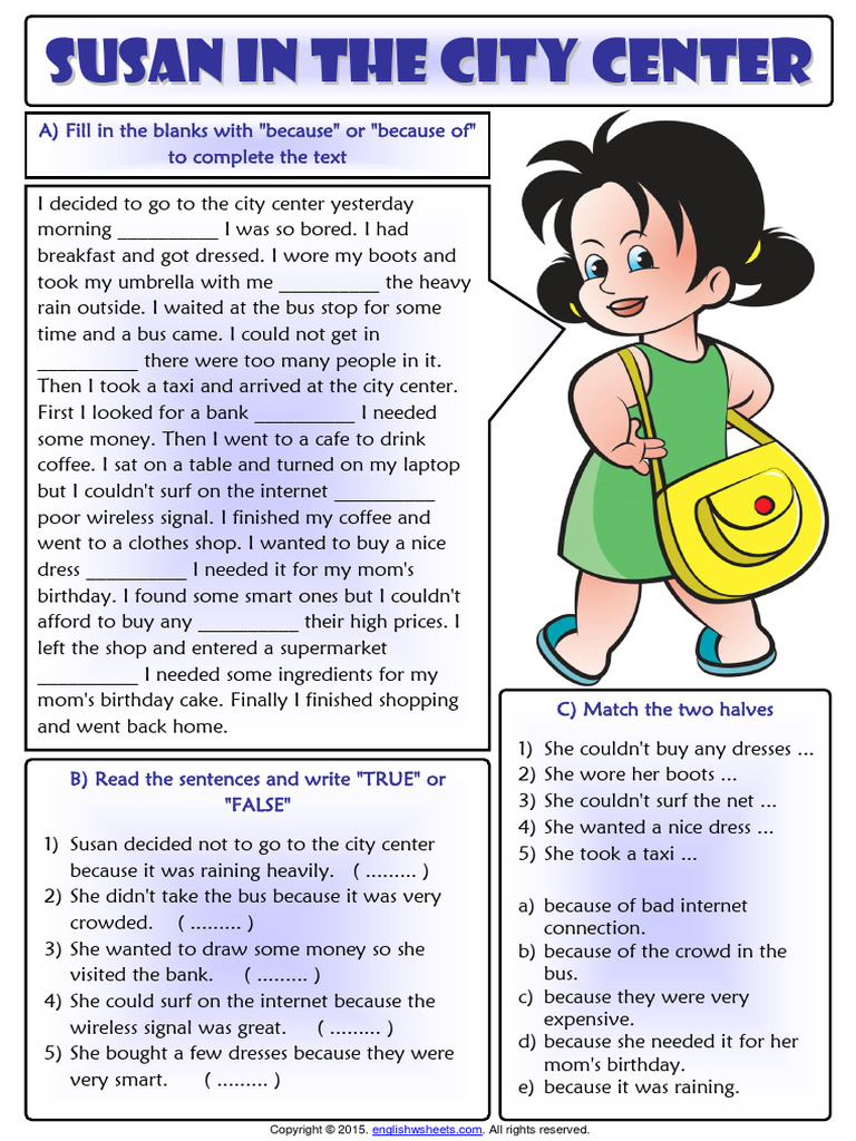 Because or Because of Esl Reading Exercises Worksheet For Kids | PDF