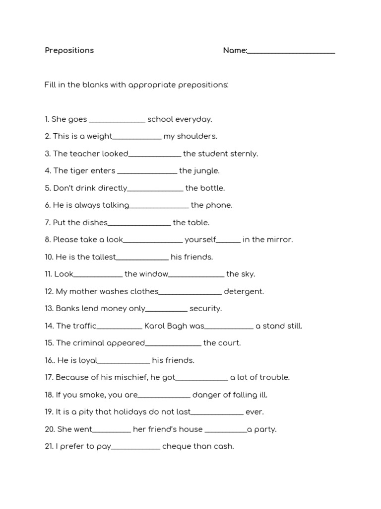 Prepositions Worksheet | PDF