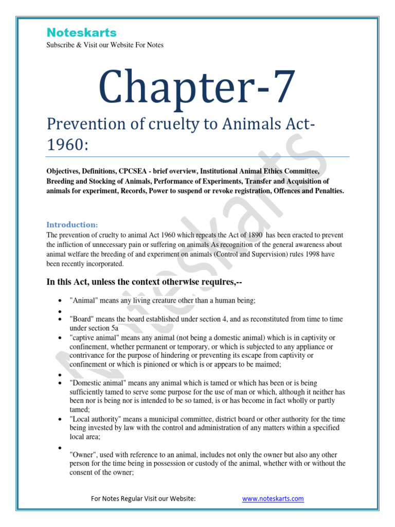 Chapter 7 Prevention of Cruelty To Animals Act 1960 Pharmacy Law and