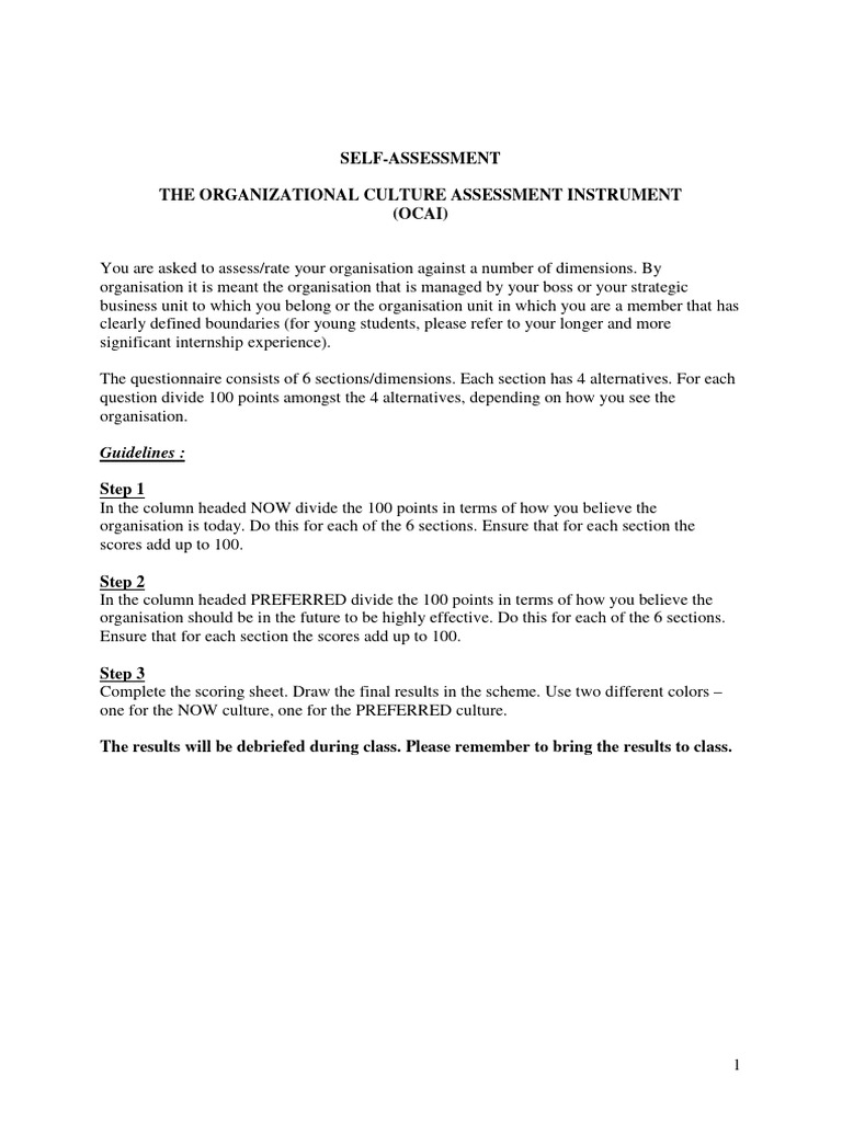 Document 1 Ocai Self Assessment Pdf Leadership Business Economics