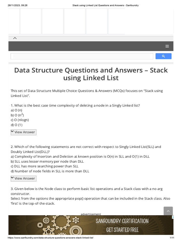 Stack Operations with Linked Lists MCQs | PDF | Queue (Abstract Data ...