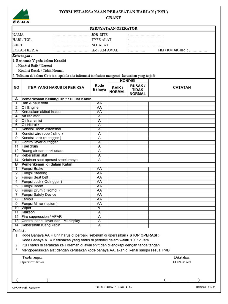 Form P2H Crane dan Dump Truck | PDF | Teknologi & Rekayasa