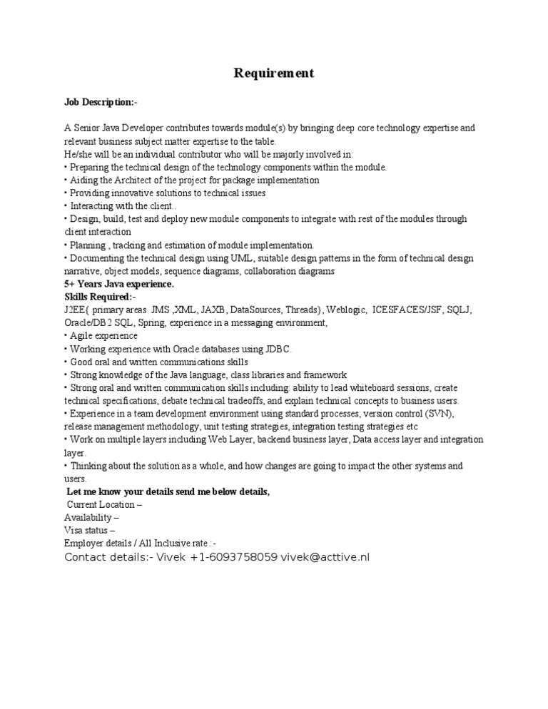 Senior Java Developer Job Description | PDF | Art | Technology ...