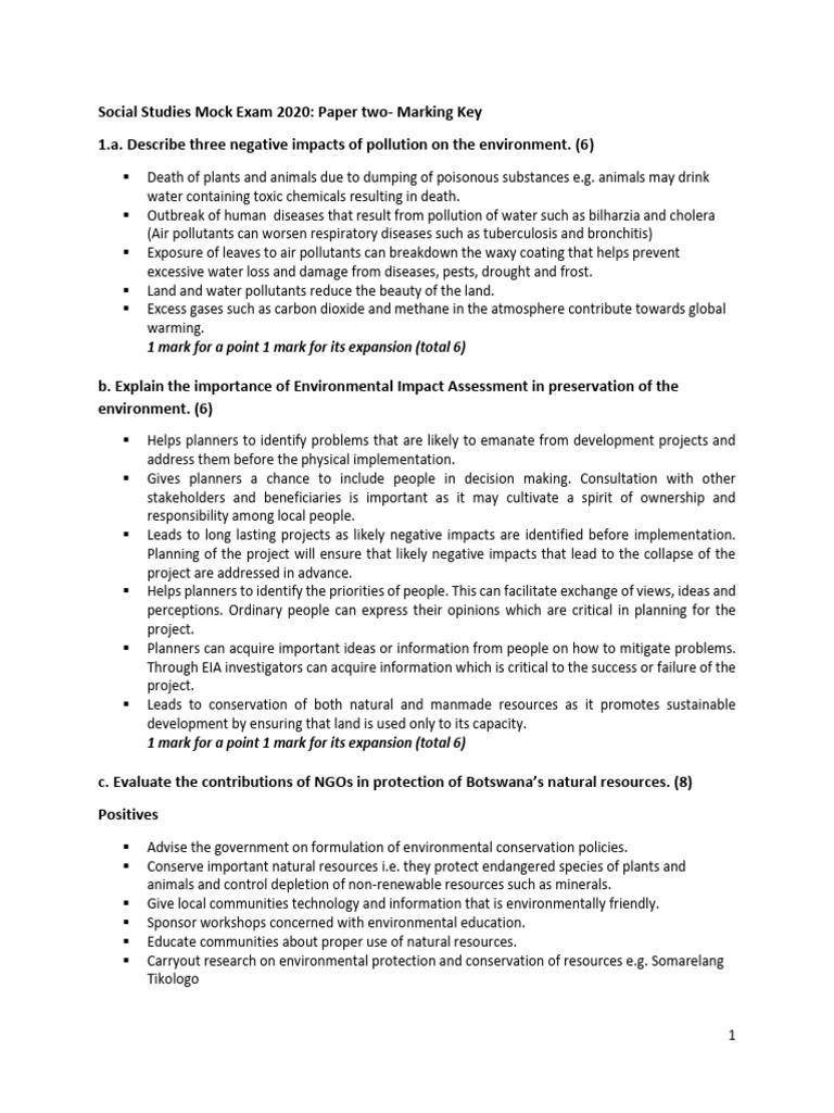 National Social Studies Mock Exam PP2, 2020 PDF Pollution