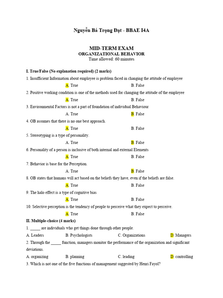 Organizational Behavior Midterm Exam Guide | PDF | Attitude (Psychology ...
