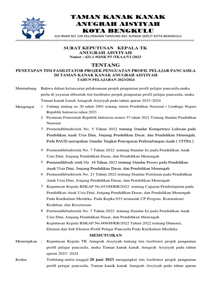 Contoh SK TIM Fasilitaro P5 | PDF | Karier & Perkembangan | Kesehatan ...