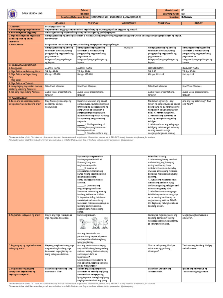 DLL - ESP 4 - Q2 - W4 - New | PDF